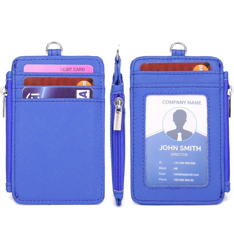 Leamekor ID Badge Holder with Neck Lanyard PU Leather ID Badge Wallet Case with 1 ID Window, 4 Card Slots, 1 Side Zipper Pocket - Image 3